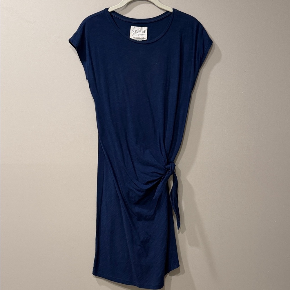 Velvet Blue Tee Shirt Dress with Front Tie